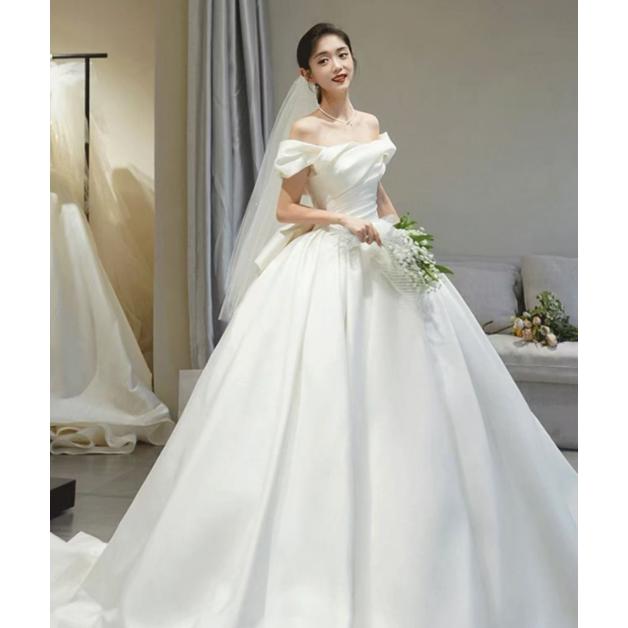 ウェディングドレス 二次会 結婚式 ブライダル Aラインドレス サテン オフショルダー 前撮り 挙式 花嫁 ウエディングドレス リボン プリンセス シンプル ウェディングドレス 二次会 結婚式 ブライダル Aラインドレス サテン