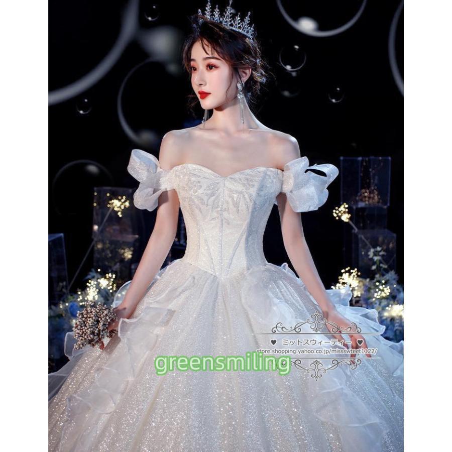 ウェディングドレス 二次会 結婚式 披露宴 ブライダル ロングドレス オフショルダー フリル 花嫁 ウエディングドレス プリンセスライン キラキラ トレーン選択_3