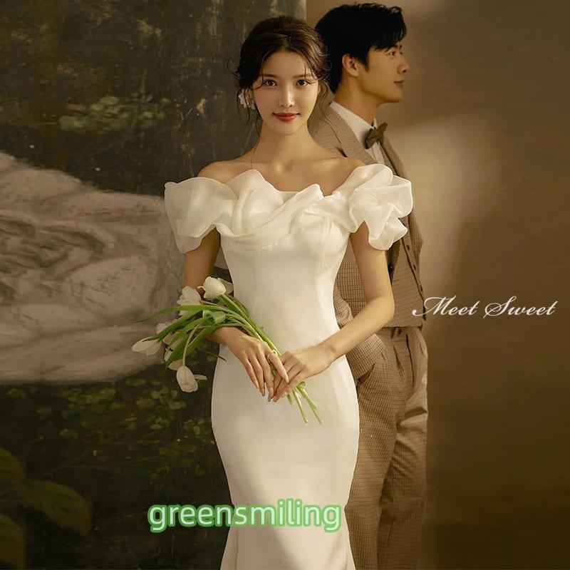 ウェディングドレス ウエディングドレス フリル 二次会 結婚式 前撮り ブライダル ロングドレス 花嫁 マーメイドドレス オフショルダー リボン サテン 編み上げ ウェディングドレス ウエディングドレス フリル 二次会 結婚式 前撮り