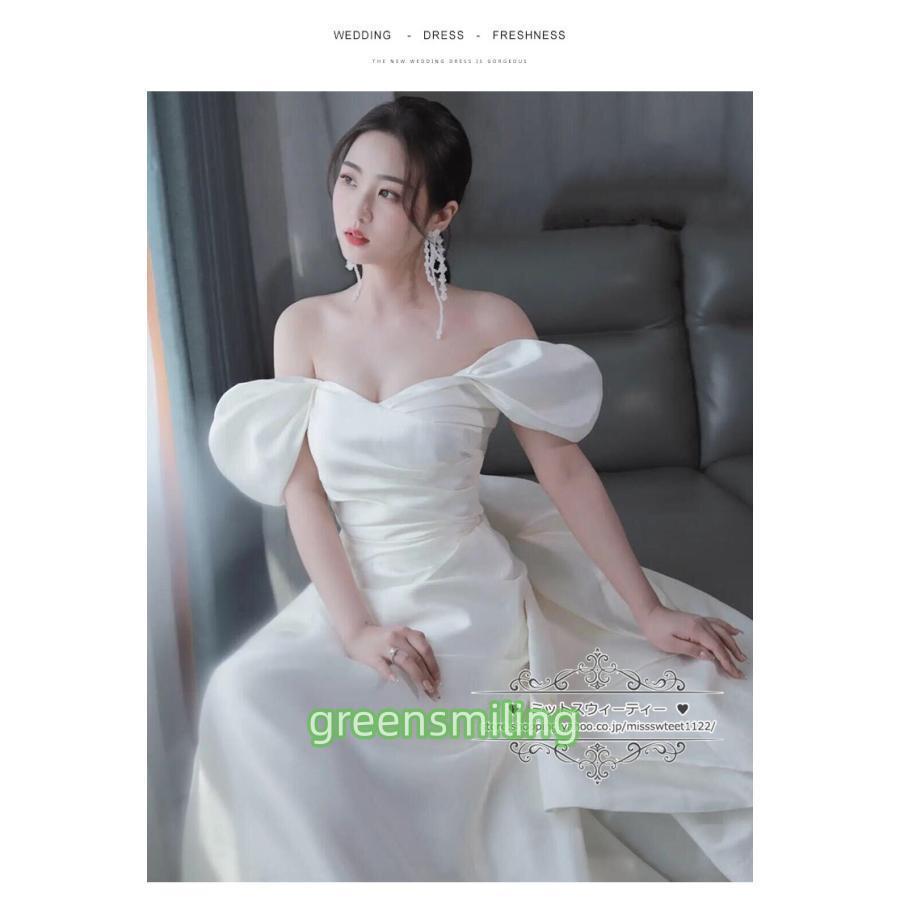 ウェディングドレス 二次会 結婚式 パフスリーブ ブライダル サテン オフショルダー 前撮り 花嫁 リゾートウェディング 記念撮影 レトロ 誕生日パーティーの画像