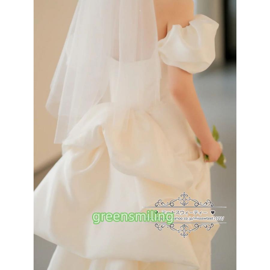 ウェディングドレス 二次会 結婚式 パフスリーブ ブライダル サテン オフショルダー 前撮り 花嫁 リゾートウェディング 記念撮影 レトロ 誕生日パーティーの画像
