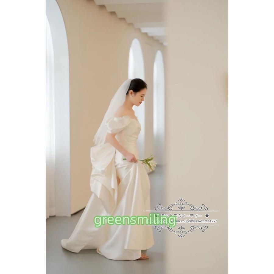 ウェディングドレス 二次会 結婚式 パフスリーブ ブライダル サテン オフショルダー 前撮り 花嫁 リゾートウェディング 記念撮影 レトロ 誕生日パーティーの画像