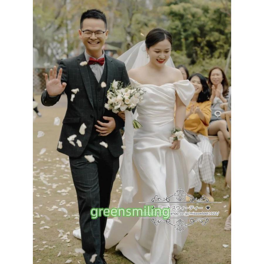 ウェディングドレス 二次会 結婚式 パフスリーブ ブライダル サテン オフショルダー 前撮り 花嫁 リゾートウェディング 記念撮影 レトロ 誕生日パーティーの画像