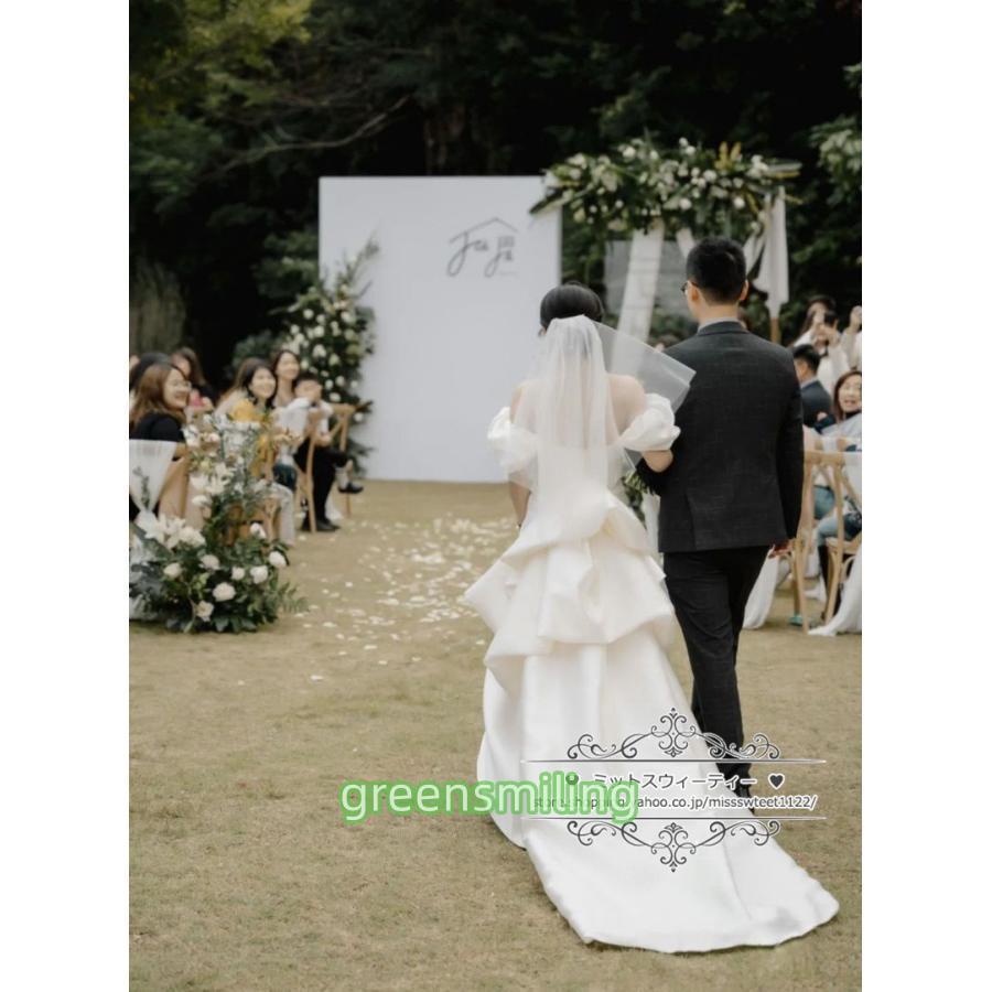 ウェディングドレス 二次会 結婚式 パフスリーブ ブライダル サテン オフショルダー 前撮り 花嫁 リゾートウェディング 記念撮影 レトロ 誕生日パーティーの画像