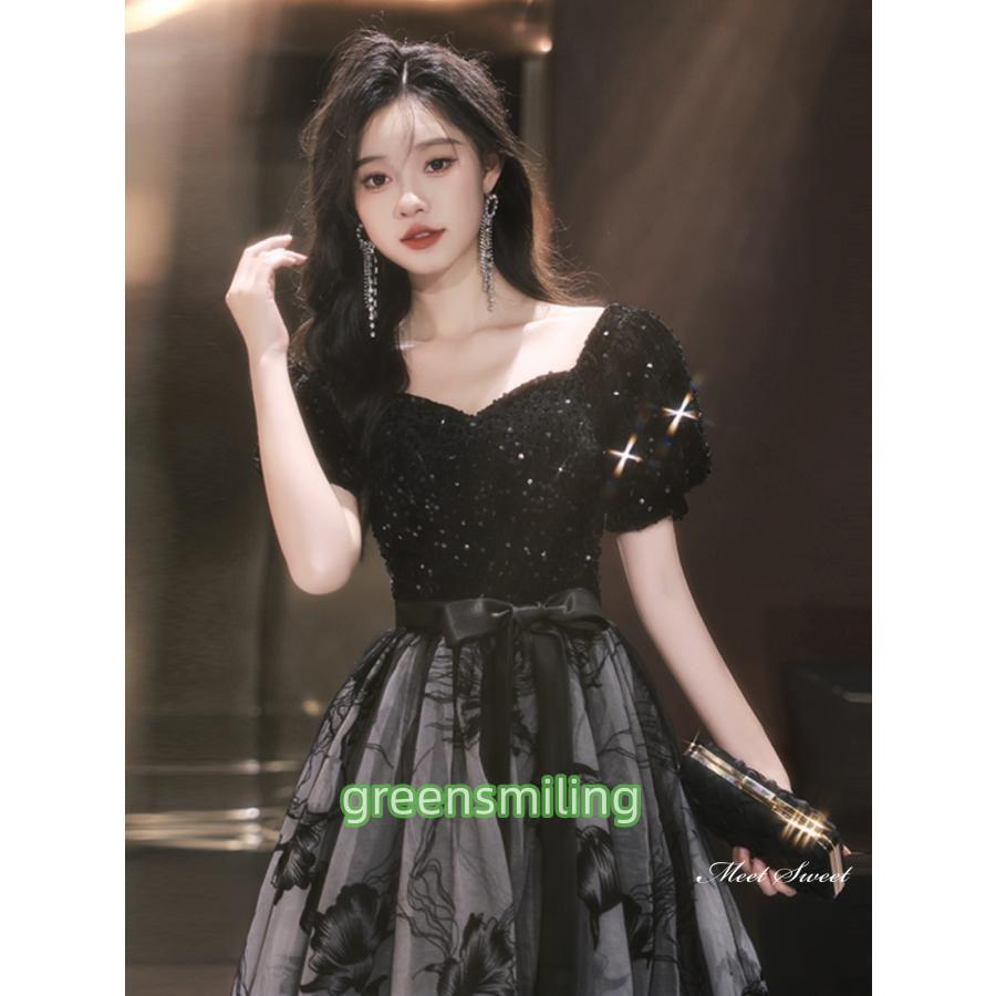 カラードレス ロングドレス パーティードレス ブラック 半袖 花柄 黒