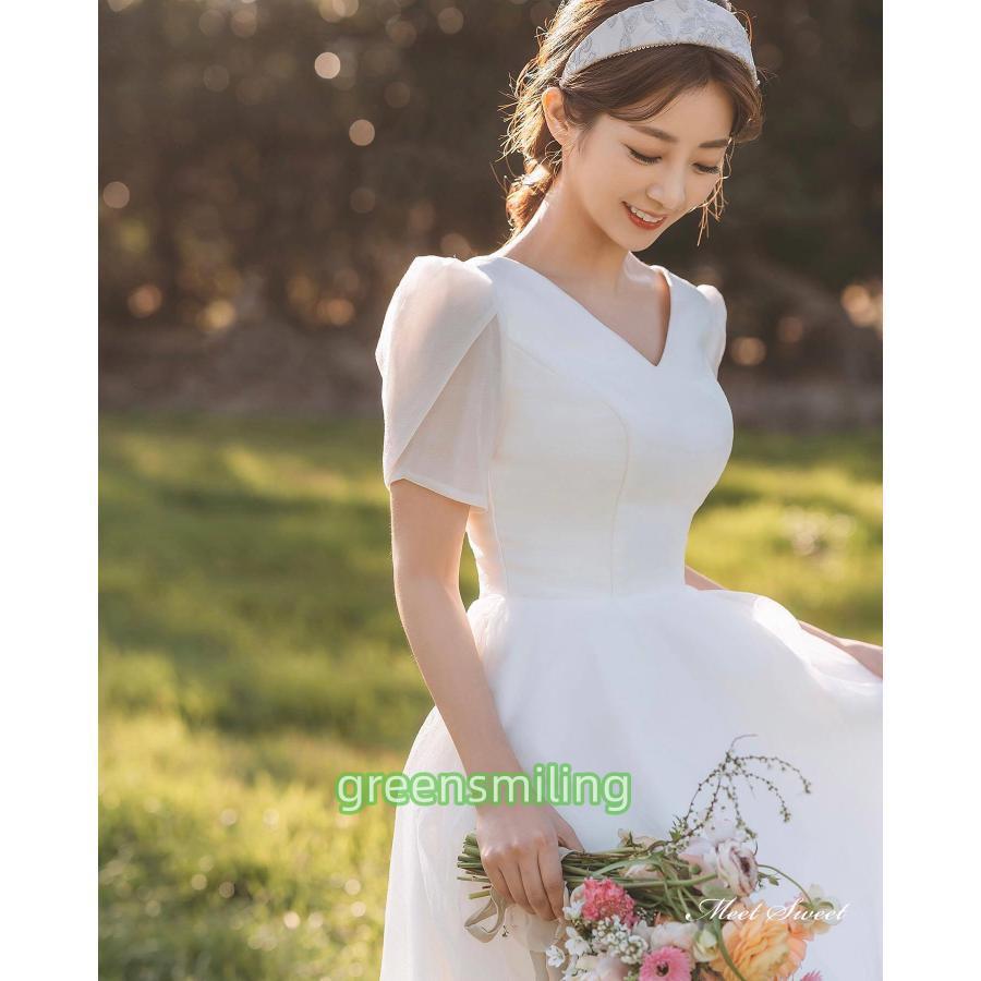 ウェディングドレス ロングドレス Aラインドレス 半袖 Vネック 二次会