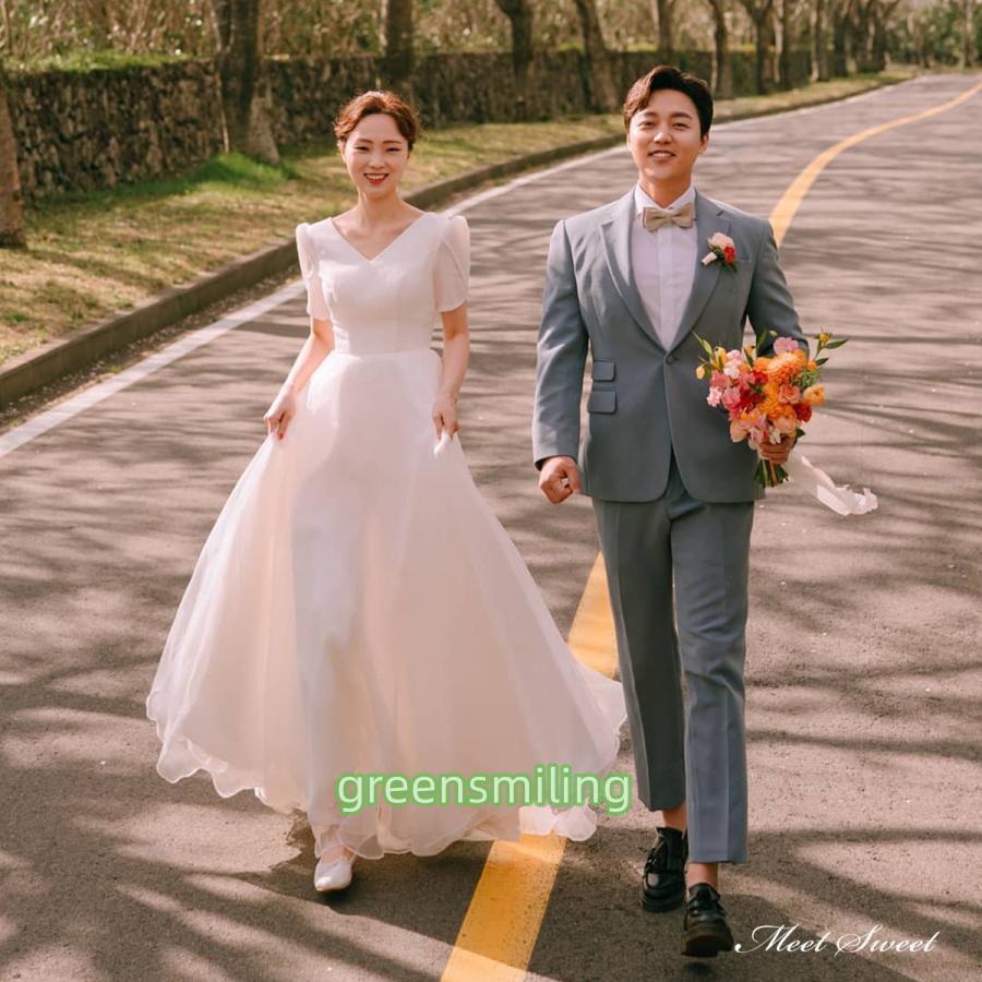 ウェディングドレス ロングドレス Aラインドレス 半袖 Vネック 二次会