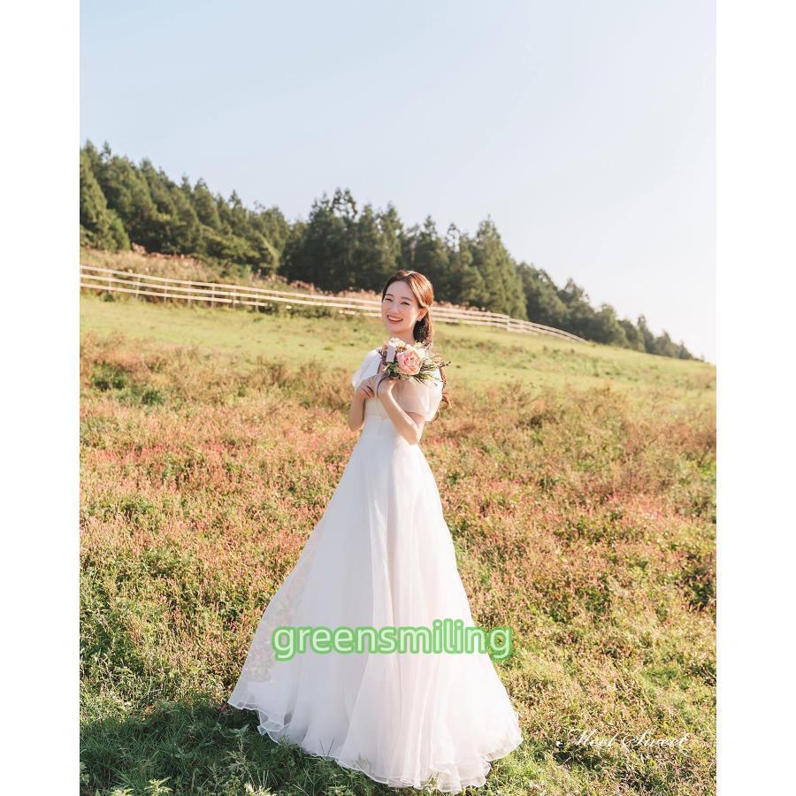 ウェディングドレス ロングドレス Aラインドレス 半袖 Vネック 二次会