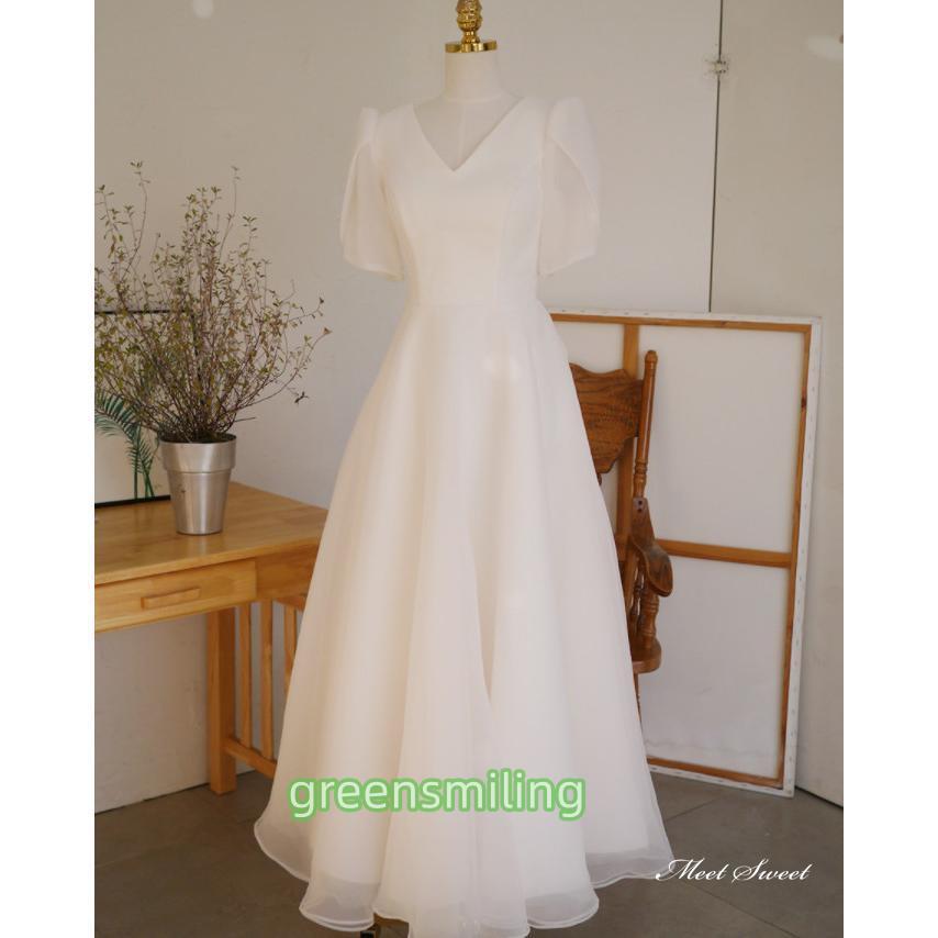 ウェディングドレス ロングドレス Aラインドレス 半袖 Vネック 二次会