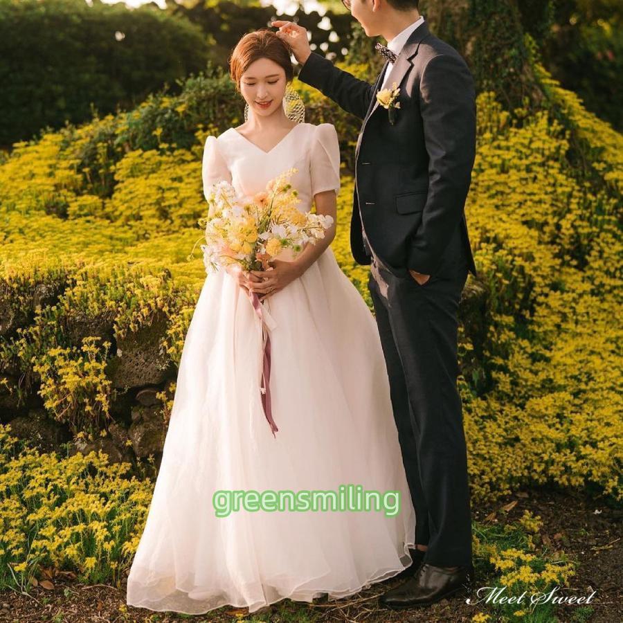 ウェディングドレス ロングドレス Aラインドレス 半袖 Vネック 二次会 結婚式 前撮り 後撮り ブライダル 花嫁 ワンピース 韓国風 ウエディングドレス | ブランド登録なし