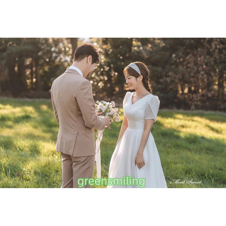ウェディングドレス ロングドレス Aラインドレス 半袖 Vネック 二次会 結婚式 前撮り 後撮り ブライダル 花嫁 ワンピース 韓国風 ウエディングドレス | ブランド登録なし | 02