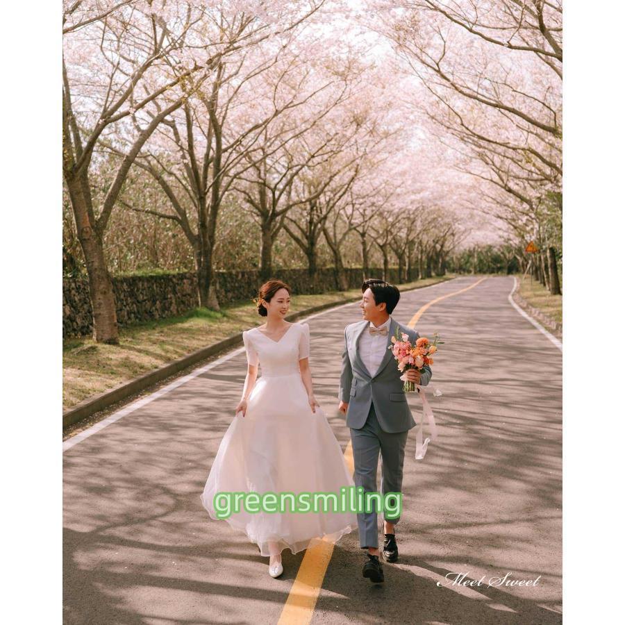 ウェディングドレス ロングドレス Aラインドレス 半袖 Vネック 二次会 結婚式 前撮り 後撮り ブライダル 花嫁 ワンピース 韓国風 ウエディングドレス | ブランド登録なし | 04