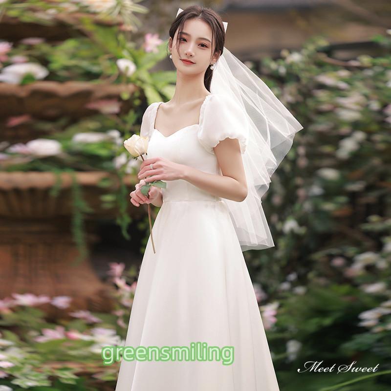 ウェディングドレス ロングドレス 半袖 二次会 結婚式 前撮り 花嫁