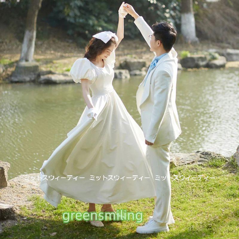 ウェディングドレス 花嫁 二次会 ウエディングドレス 結婚式 ロングドレス Aラインドレス パフスリーブ 前撮り 半袖 リゾート サマーブライダル 家族挙式 披露宴 ウェディングドレス 花嫁 二次会 ウエディングドレス 結婚式 ロング