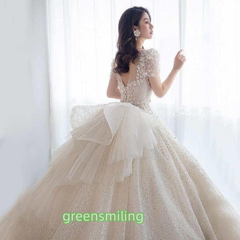 ウェディングドレス ウエディングドレス 二次会 結婚式 前撮り ブライダル ロングドレス 花嫁 プリンセスドレス プリンセスラインドレス 半袖 キラキラ 華やか | ブランド登録なし | 01