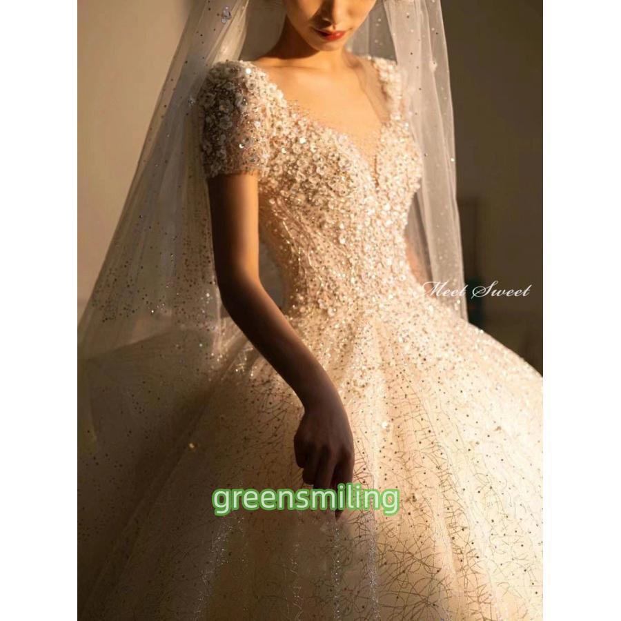 ウェディングドレス ウエディングドレス 二次会 結婚式 前撮り ブライダル ロングドレス 花嫁 プリンセスドレス プリンセスラインドレス 半袖 キラキラ 華やか | ブランド登録なし | 09