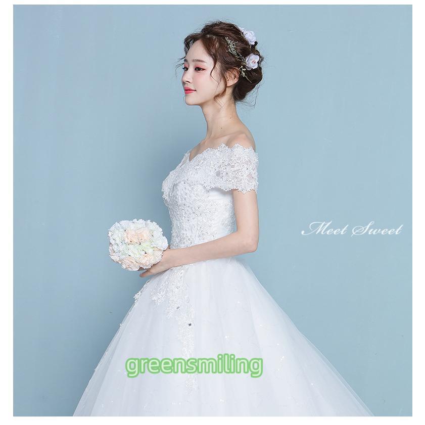 ウェディングドレス ウエディングドレス オフショルダー 二次会 結婚式 前撮り ブライダル ロングドレス 花嫁 プリンセスドレス プリンセスラインドレス 安いの画像