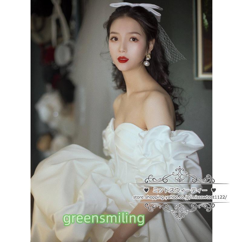 ウェディングドレス 二次会 結婚式 パフスリーブ ブライダル サテン オフショルダー 前撮り 花嫁 リゾートウェディング 記念撮影 プリンセス 誕生日パーティーの画像