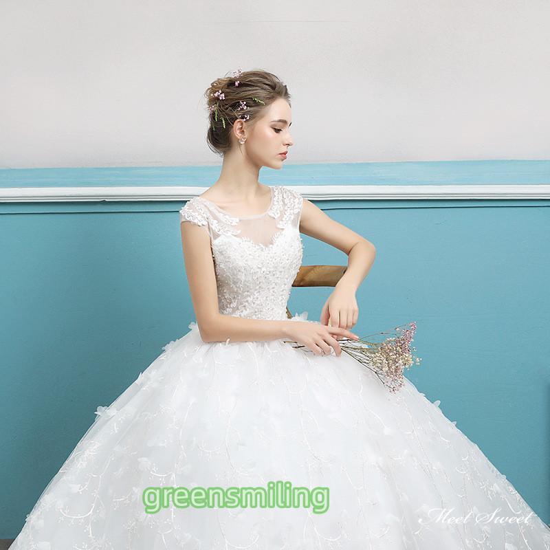 ウェディングドレス ロングドレス プリンセスラインドレス フレンチスリーブ 二次会 結婚式 前撮り 花嫁 ウエディングドレス チュール 挙式 ブライダルの画像