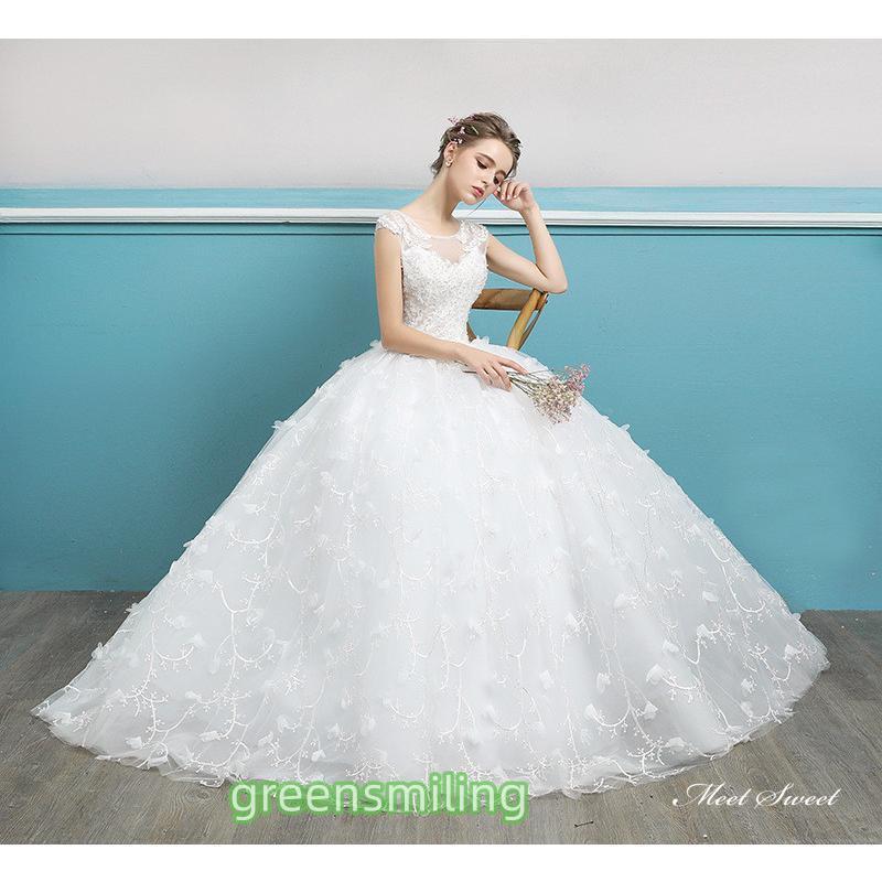 ウェディングドレス ロングドレス プリンセスラインドレス フレンチスリーブ 二次会 結婚式 前撮り 花嫁 ウエディングドレス チュール 挙式 ブライダルの画像