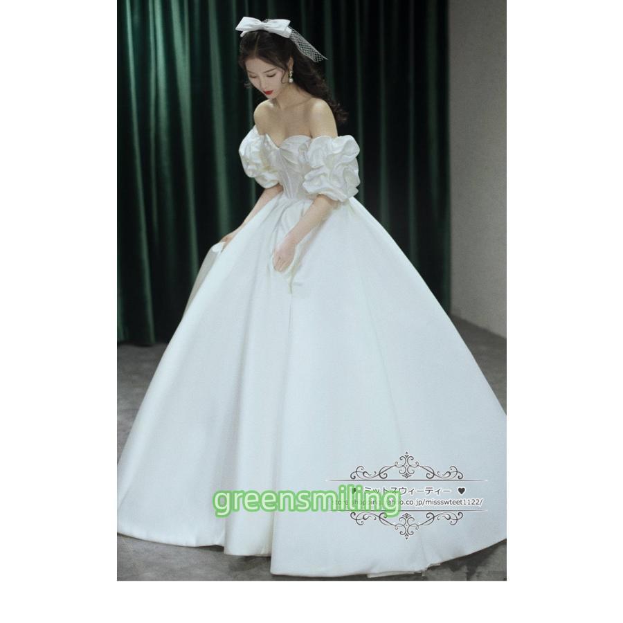 ウェディングドレス 二次会 結婚式 パフスリーブ ブライダル サテン オフショルダー 前撮り 花嫁 リゾートウェディング 記念撮影 プリンセス 誕生日パーティーの画像