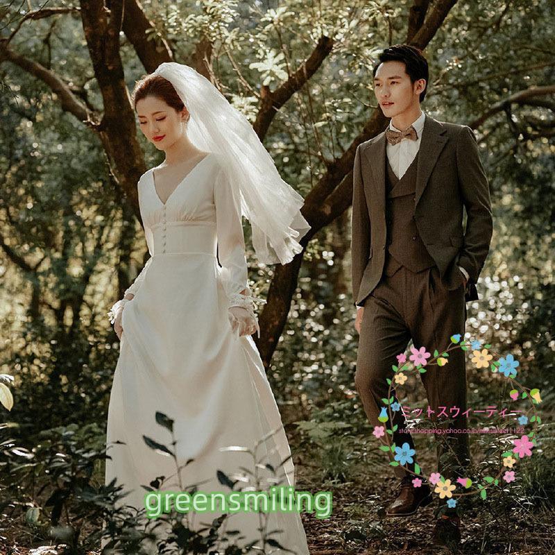 ウェディングドレス Aライン 長袖 Vネック ロングドレス 結婚式 披露宴 二次会 前撮り パーティー かわいい ウエディングドレスドレス リゾートウェディング ウェディングドレス Aライン 長袖 Vネック ロングドレス 結婚式 披露宴