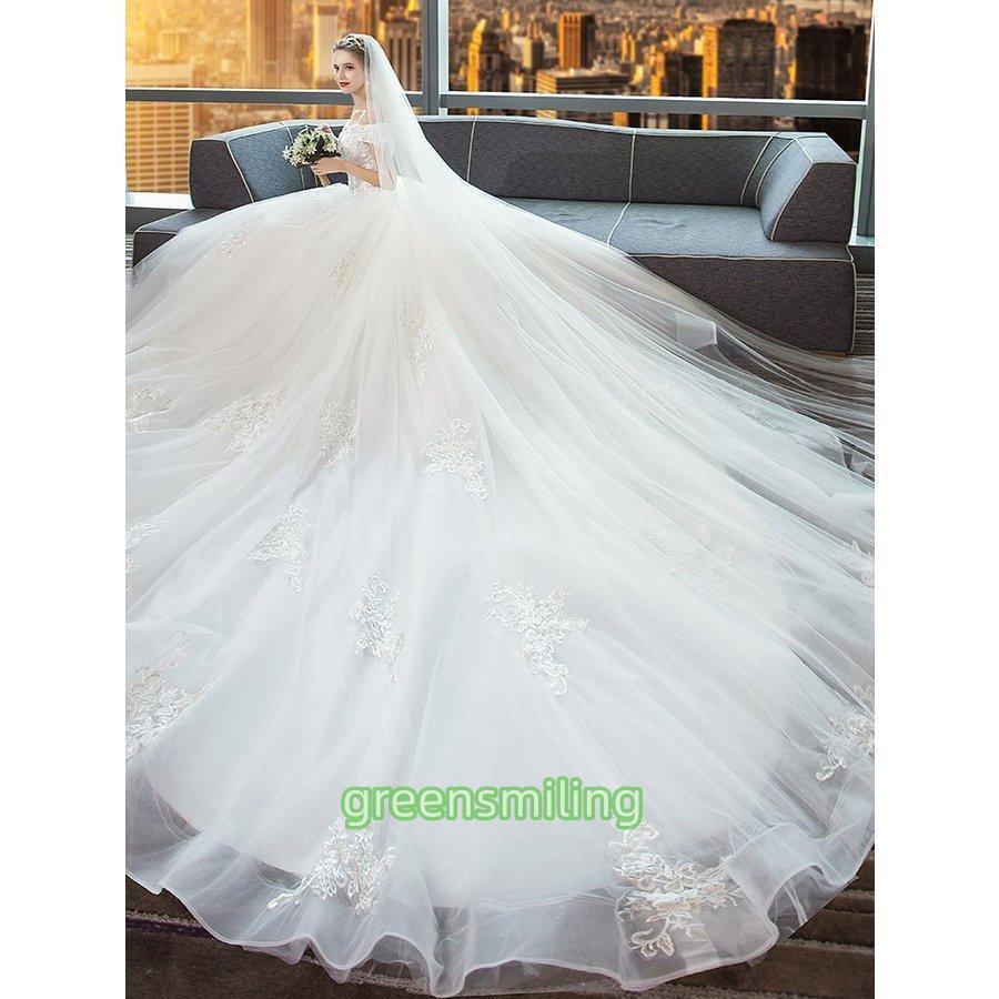 ウェディングドレス  白　袖あり 格安 レース 結婚式 花嫁 二次会 パーティードレス ロングドレス ブライダル 披露宴 プリンセスラインドレス 大きいサイズの画像