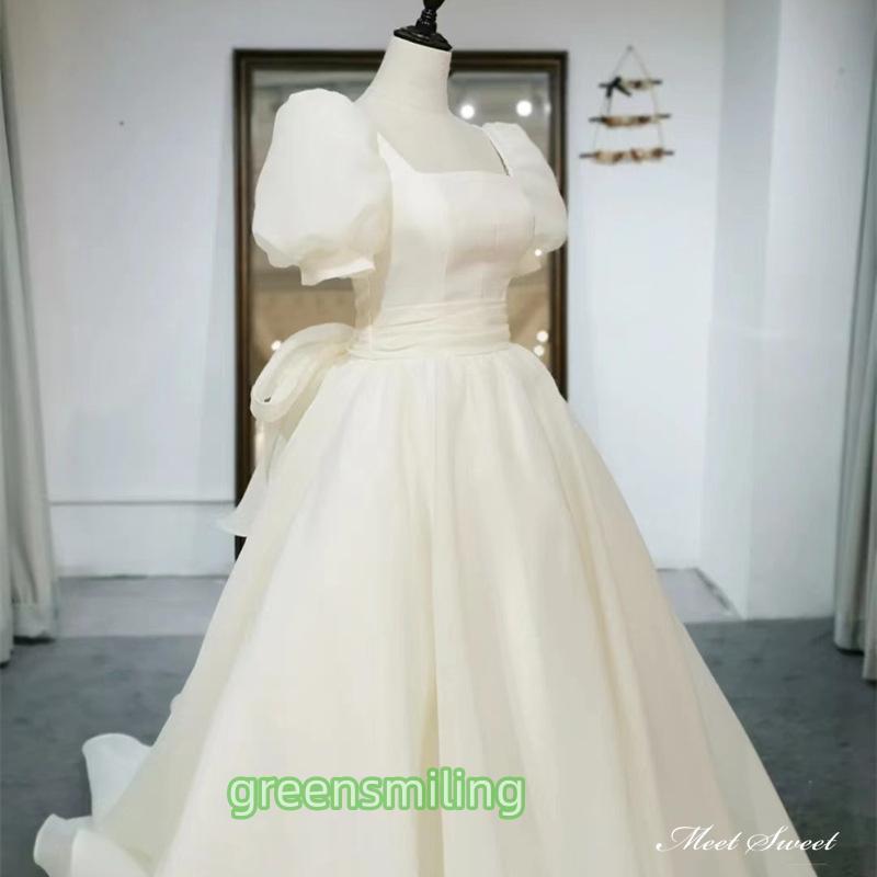 ウェディングドレス ロングドレス Aラインドレス パフスリーブ オーガンジー 半袖 可愛い 二次会 結婚式 前撮り ブライダル 花嫁 ウエディングドレス ウェディングドレス ロングドレス Aラインドレス パフスリーブ