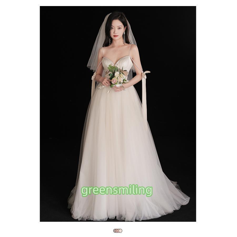 ウェディングドレス ウエディングドレス 二次会 オフホワイト 結婚式 披露宴 前撮り 後撮り ブライダル キャミソール ロングドレス 花嫁 Aラインドレス リボンの画像