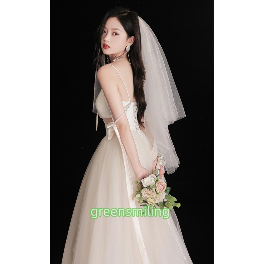 ウェディングドレス ウエディングドレス 二次会 オフホワイト 結婚式 披露宴 前撮り 後撮り ブライダル キャミソール ロングドレス 花嫁 Aラインドレス リボンの画像
