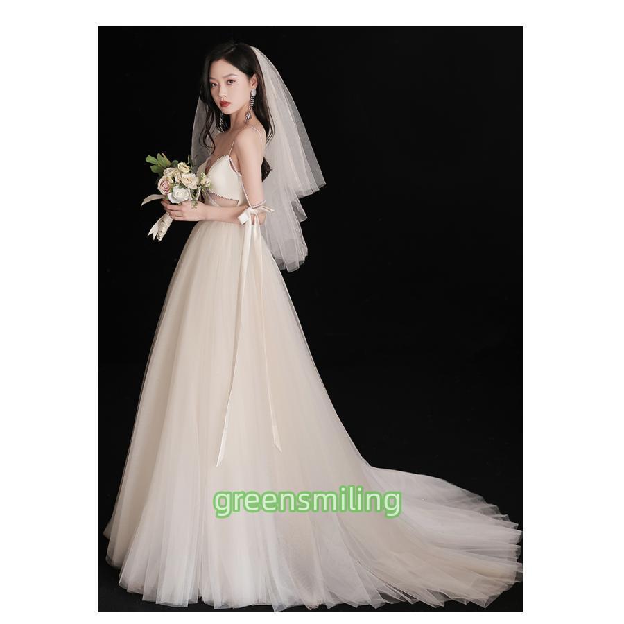 ウェディングドレス ウエディングドレス 二次会 オフホワイト 結婚式 披露宴 前撮り 後撮り ブライダル キャミソール ロングドレス 花嫁 Aラインドレス リボンの画像