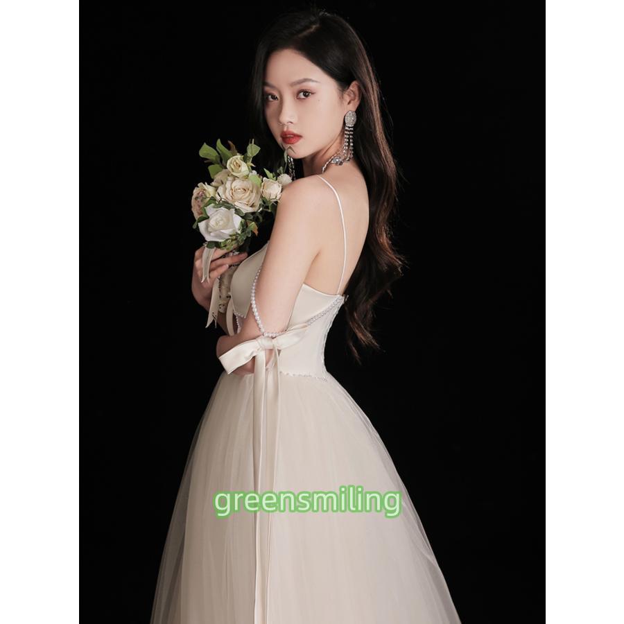 ウェディングドレス ウエディングドレス 二次会 オフホワイト 結婚式 披露宴 前撮り 後撮り ブライダル キャミソール ロングドレス 花嫁 Aラインドレス リボンの画像