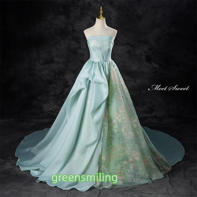 カラードレス グリーン ベアトップ オーガンジー 刺繍 ウェディング