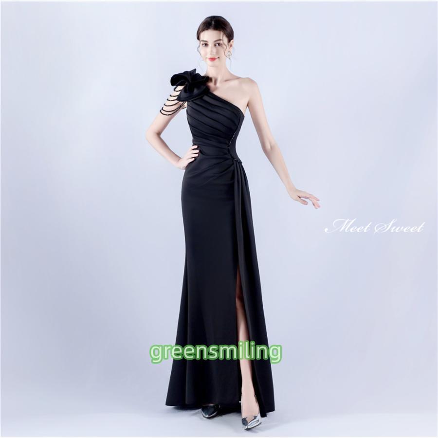 カラードレス ワンショルダー スリット サテン マーメイドドレス