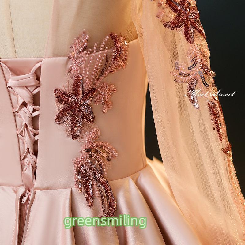 カラードレス Aラインドレス ピンク 長袖 サテン ビーズ 編み上げ