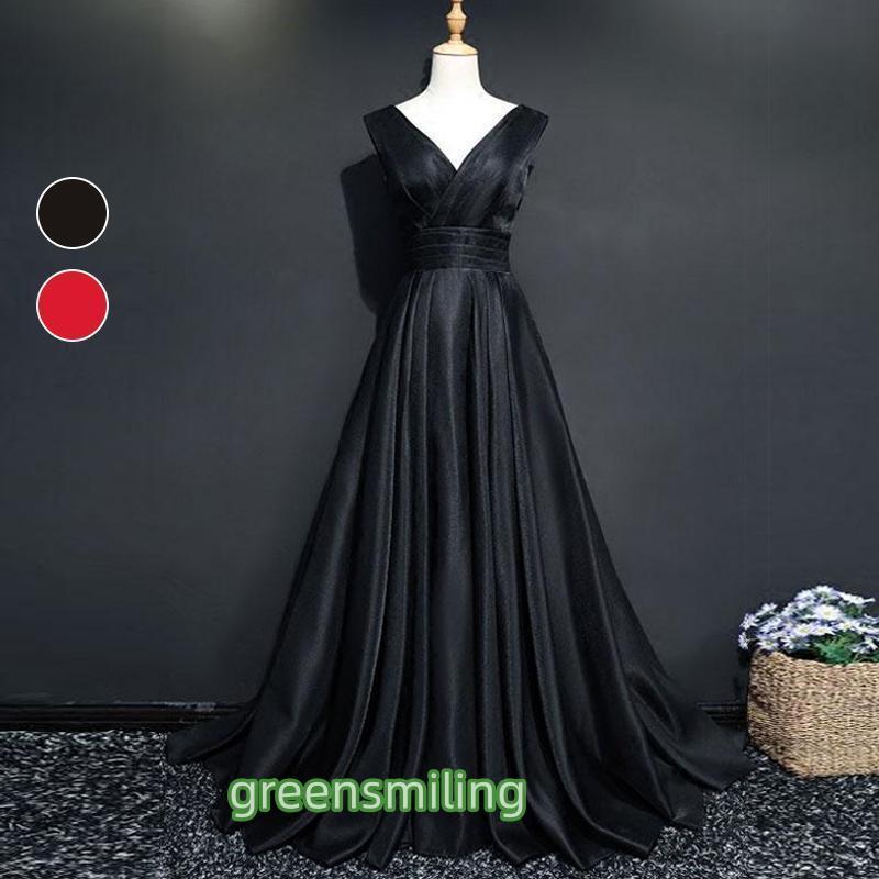 カラードレス Aラインドレス ブラック レッド 袖なし サテン ロング