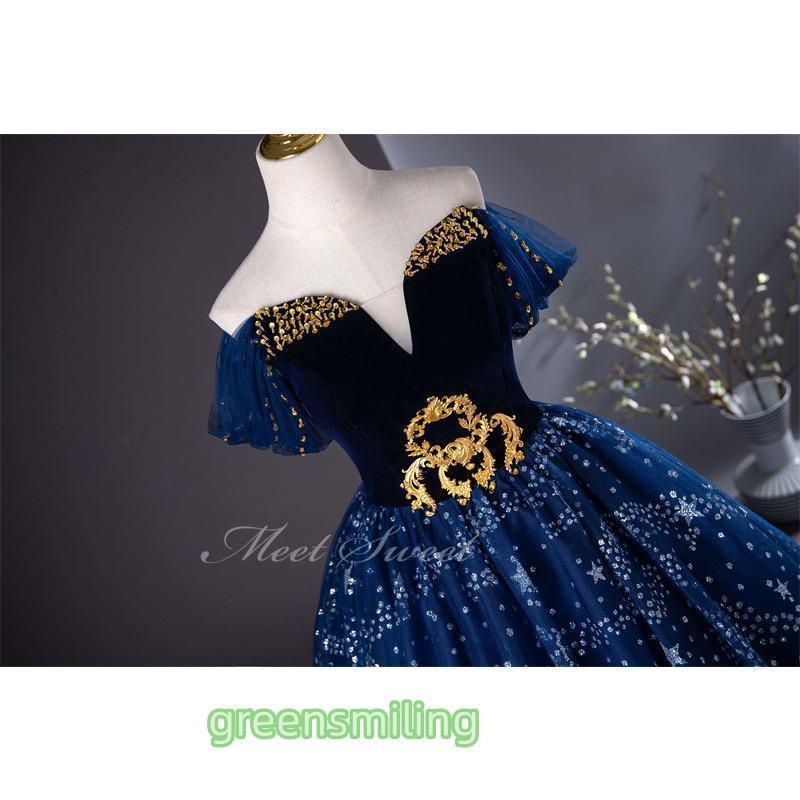 カラードレス Aラインドレス ネイビー オフショルダー 星柄 紺 ロング