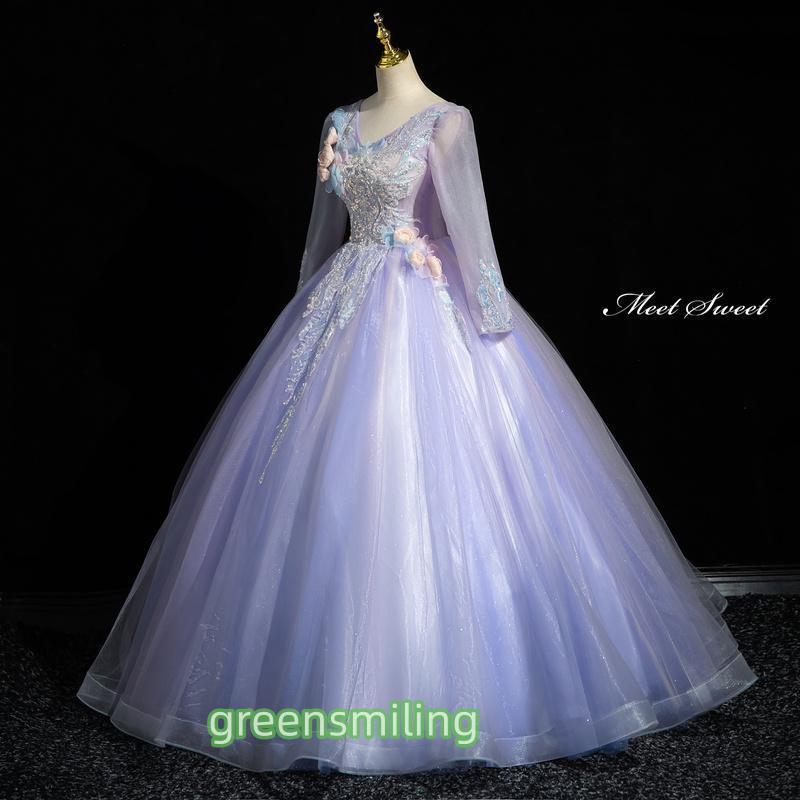 カラードレス プリンセスライン ロングドレス パープル 紫 長袖 Vネック 花 ウェディングドレス 結婚式 二次会 花嫁 前撮り 演奏会 発表会 ステージ衣装の画像