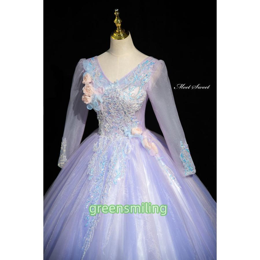 カラードレス プリンセスライン ロングドレス パープル 紫 長袖 Vネック 花 ウェディングドレス 結婚式 二次会 花嫁 前撮り 演奏会 発表会 ステージ衣装の画像