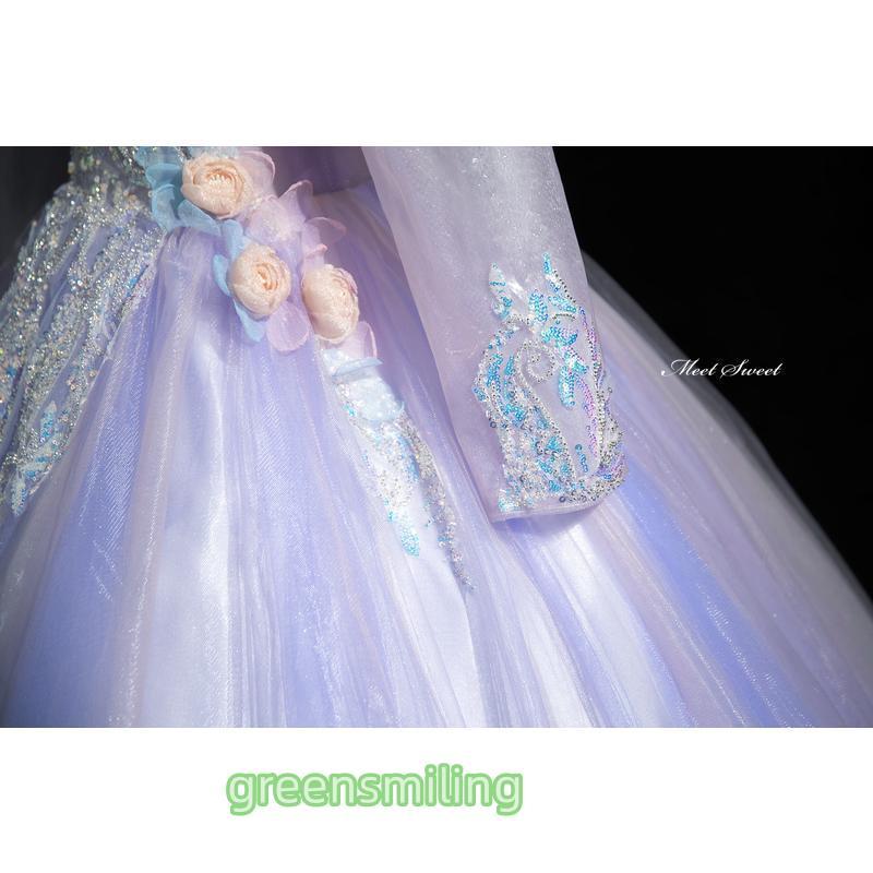 カラードレス プリンセスライン ロングドレス パープル 紫 長袖 Vネック 花 ウェディングドレス 結婚式 二次会 花嫁 前撮り 演奏会 発表会 ステージ衣装の画像