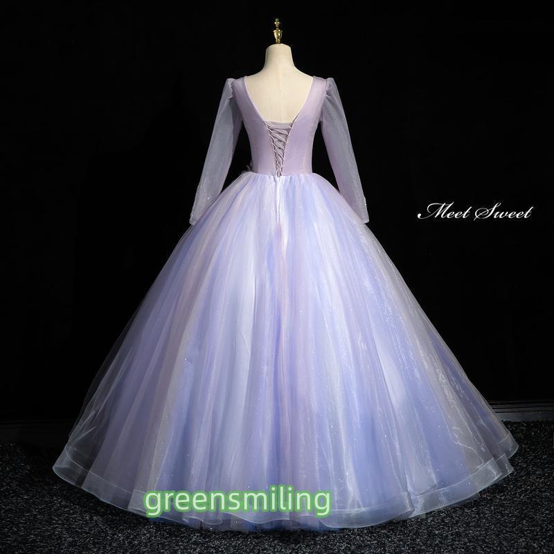カラードレス プリンセスライン ロングドレス パープル 紫 長袖 Vネック 花 ウェディングドレス 結婚式 二次会 花嫁 前撮り 演奏会 発表会 ステージ衣装の画像