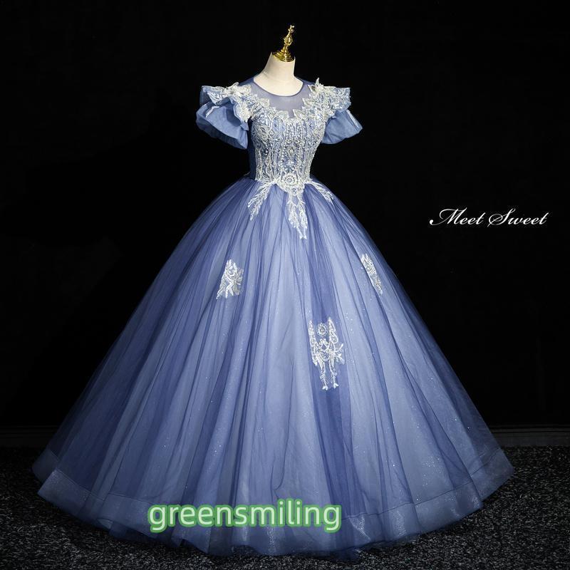 カラードレス プリンセスライン ブルー 半袖 バックレス 編み上げ ロングドレス ウェディングドレス 結婚式 二次会 花嫁 前撮り 演奏会 発表会 ステージ衣装の画像