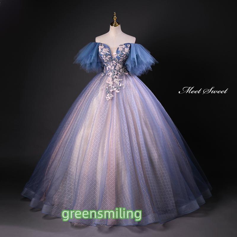 カラードレス プリンセスライン ロングドレス ブルー オフショルダー