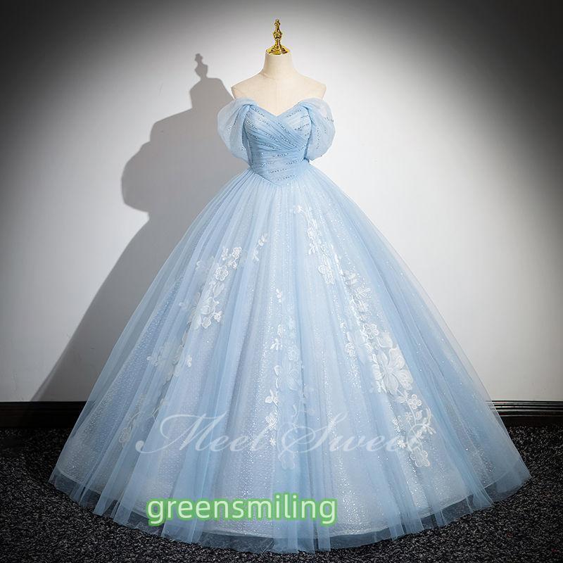 カラードレス プリンセスライン ライトブルー 青 オフショルダー ロングドレス ウェディングドレス 結婚式 二次会 花嫁 前撮り 演奏会 発表会 ステージ衣装 | ブランド登録なし