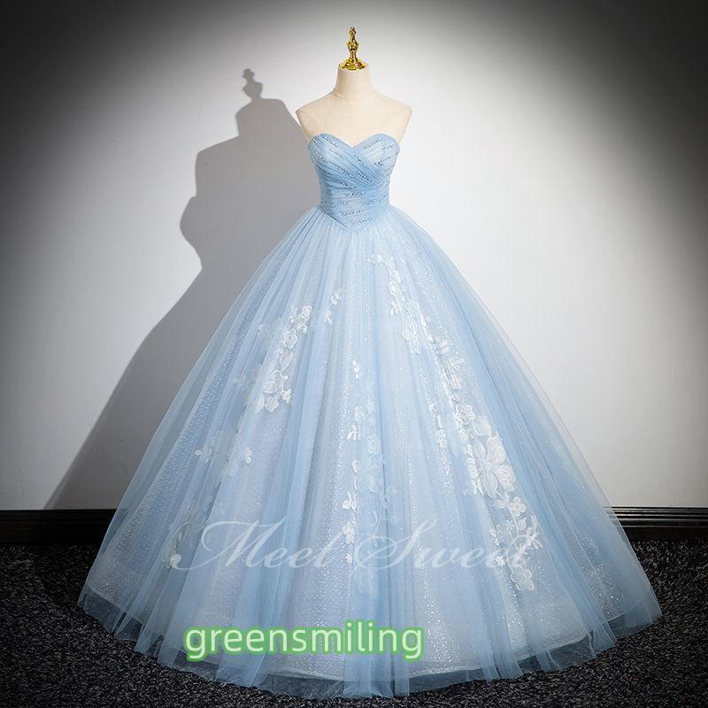 カラードレス プリンセスライン ライトブルー 青 オフショルダー ロングドレス ウェディングドレス 結婚式 二次会 花嫁 前撮り 演奏会 発表会 ステージ衣装 | ブランド登録なし | 01