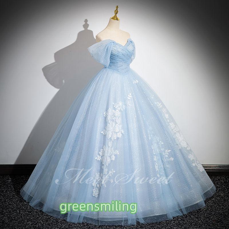 カラードレス プリンセスライン ライトブルー 青 オフショルダー ロングドレス ウェディングドレス 結婚式 二次会 花嫁 前撮り 演奏会 発表会 ステージ衣装 | ブランド登録なし | 03