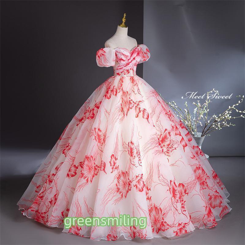 カラードレス プリンセスライン レッド 花柄 袖付き ロングドレス