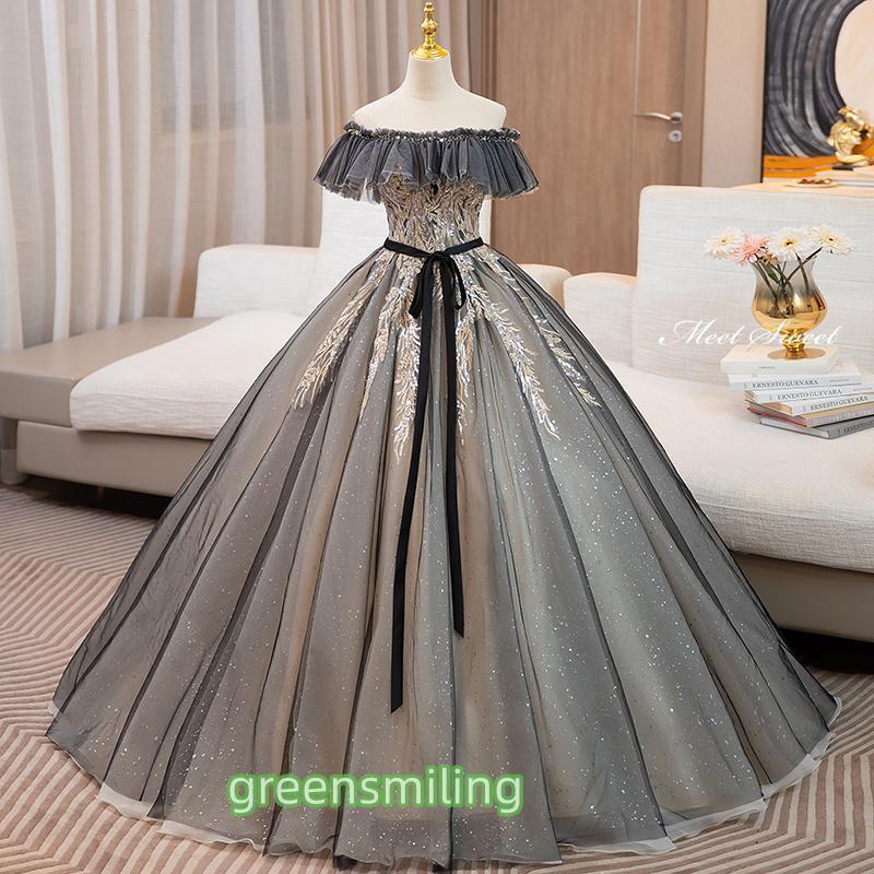 カラードレス プリンセスライン ブラック オフショルダー フリル