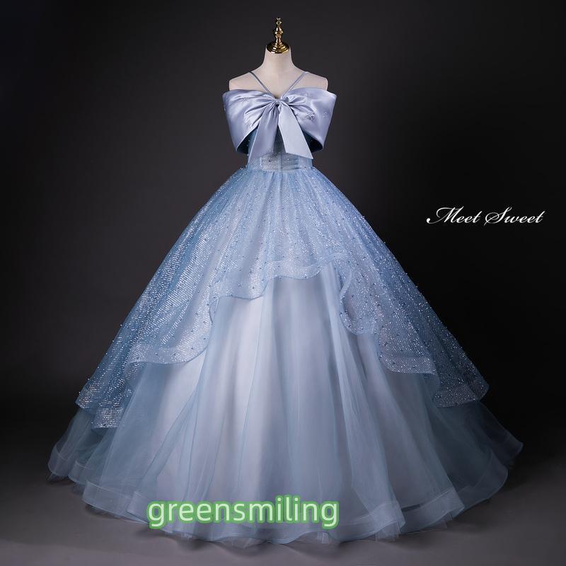 カラードレス プリンセスライン ロングドレス ブルー フリル リボン パール ウェディングドレス 結婚式 二次会 花嫁 前撮り 演奏会 発表会 ステージ衣装 カラードレス プリンセスライン ロングドレス ブルー フリル リボン