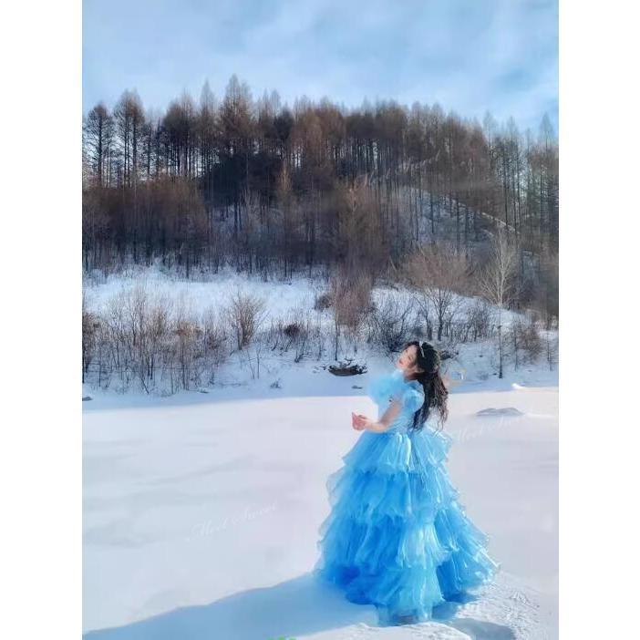 カラードレス ブルー ホワイト ウェディングドレス ボリューム 結婚式